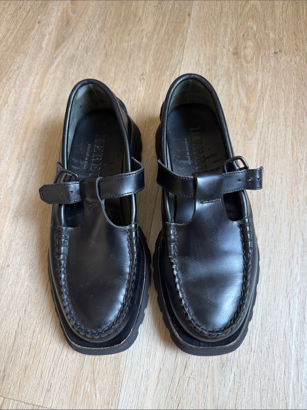 Hereu Black Leather Mary Jane Strap Shoes 37